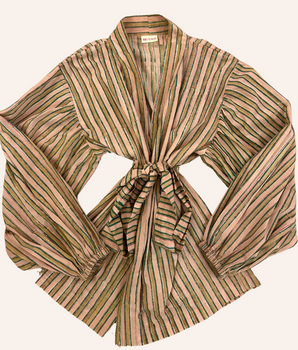 RE-TALE-Zahira Handblock Printed Wrap Blouse | Pistache Pink Stripe